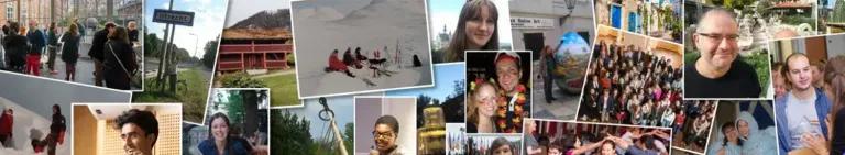 A collage of images showing students and staff smiling in different locations across Europe.
