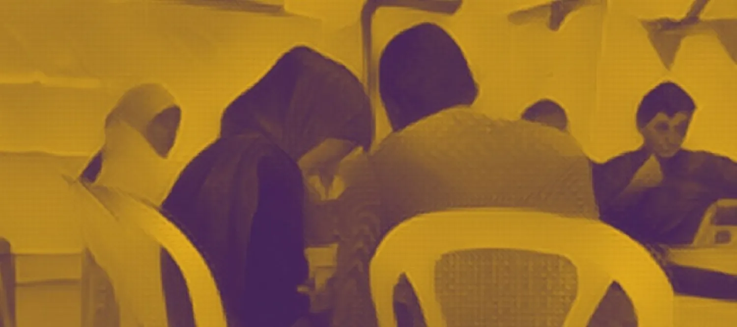 DEPN yellow and black graphic of people sitting and speaking
