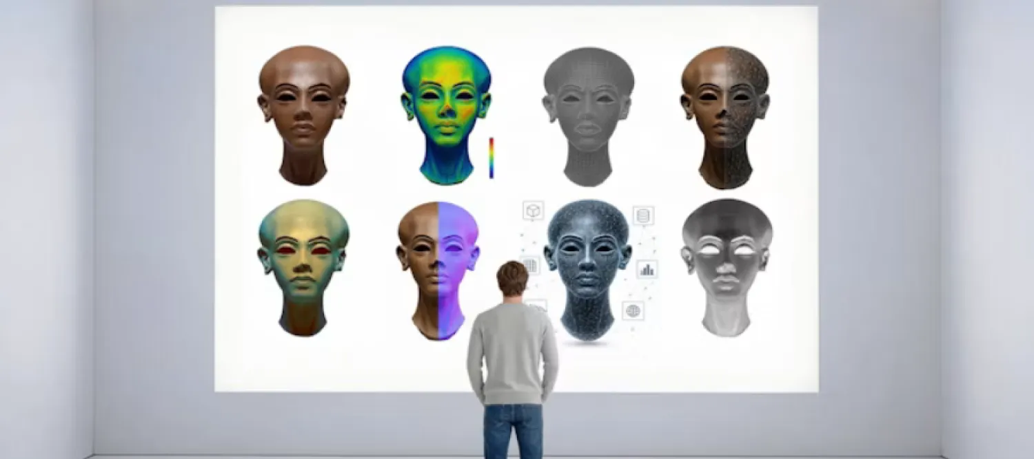 Man with back to photo staring at 8 similar bald heads of different colours