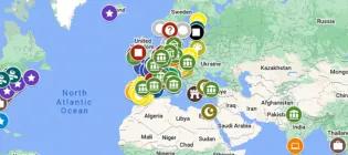Still image showing some of the pinned exchange destinations on a Google Map