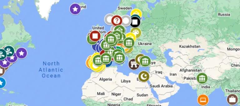 Still image showing some of the pinned exchange destinations on a Google Map