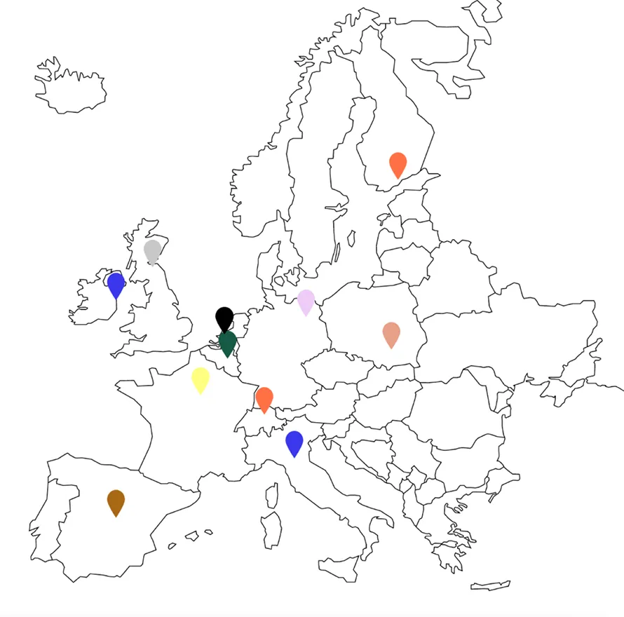 a map showing the locations of Una Europa universities