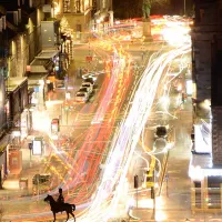 A long-exposed image showing where cars drive through Edinburgh.
