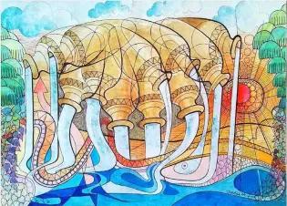 A colourful artwork showing 11 posts pouring into water.