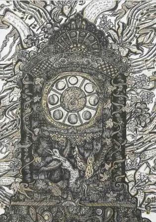 A drawn artwork of a father clock showing the phases of a moon, covered in branches.